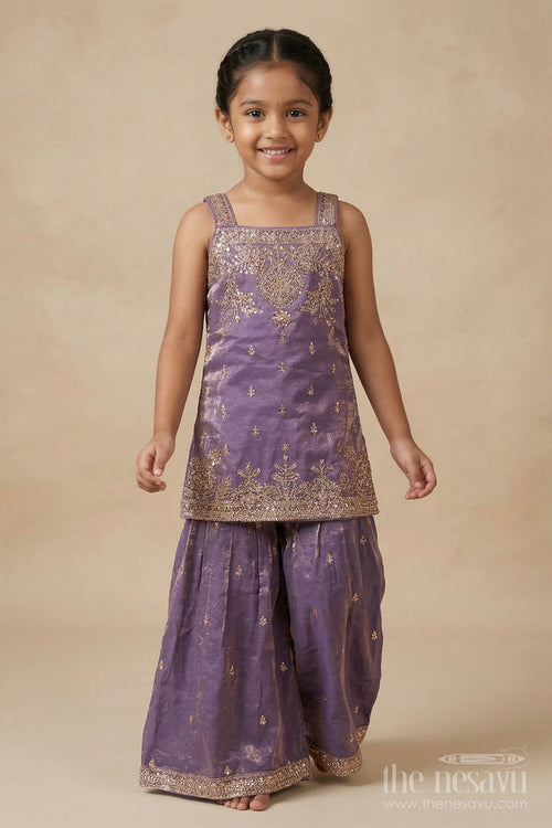 The Nesavu Girls Sharara / Plazo Set Girls Organza Sharara Set with Zari Embroidery for Weddings and Receptions Nesavu 26 (6Y) / Purple / Organza GPS960A-26 Nesavu girls organza sharara set with zari embroidery and dupatta – ideal for weddings and festive functions