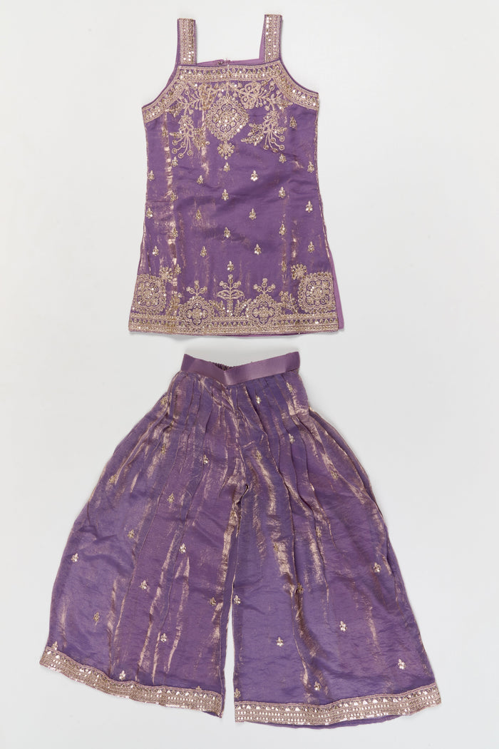 The Nesavu Girls Sharara / Plazo Set Girls Organza Sharara Set with Zari Embroidery for Weddings and Receptions Nesavu 26 (6Y) / Purple / Organza GPS960A-26 Nesavu girls organza sharara set with zari embroidery and dupatta – ideal for weddings and festive functions