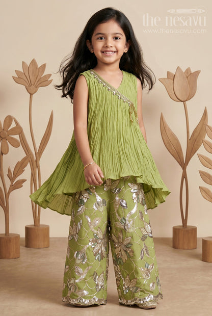 The Nesavu Girls Sharara / Plazo Set Girls Palazzo Set for Daily Wear and Casual Outings Nesavu 16 (1Y) / Green / Viscose Silk GPS1064A-16 Nesavu Girls Palazzo Set Viscose Blend Silk With Pleated Design For Casual And Daily Wear