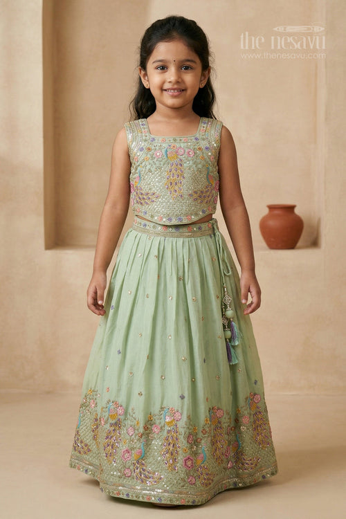 The Nesavu Girls Fancy Lehenga Girls Party Lehenga for Weddings and Party Date Nesavu 16 (1Y) / Green / Georgette GL885A-16 Nesavu girls crushed georgette lehenga for weddings and festive occasions with embroidered designer yoke