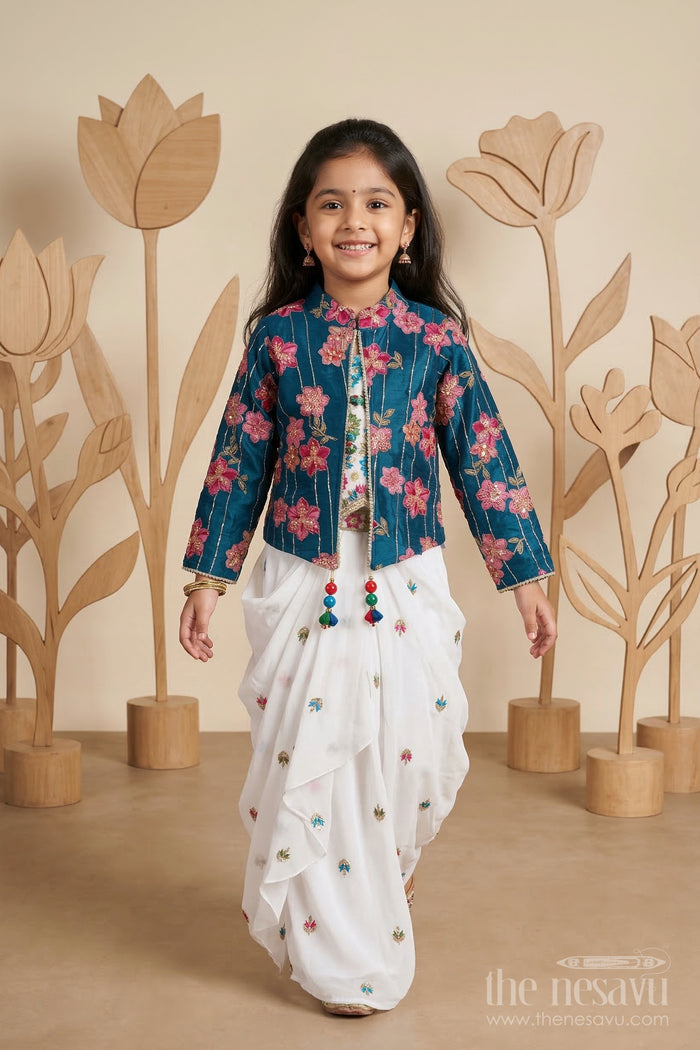 The Nesavu Girls Fancy Lehenga Girls Party Wear Lehenga for Reception and Festive Events Nesavu 26 (6Y) / Blue / Georgette GL872B-26 Nesavu Girls Party Wear Georgette Lehenga With Embroidered Jacket For Receptions And Festive Gatherings