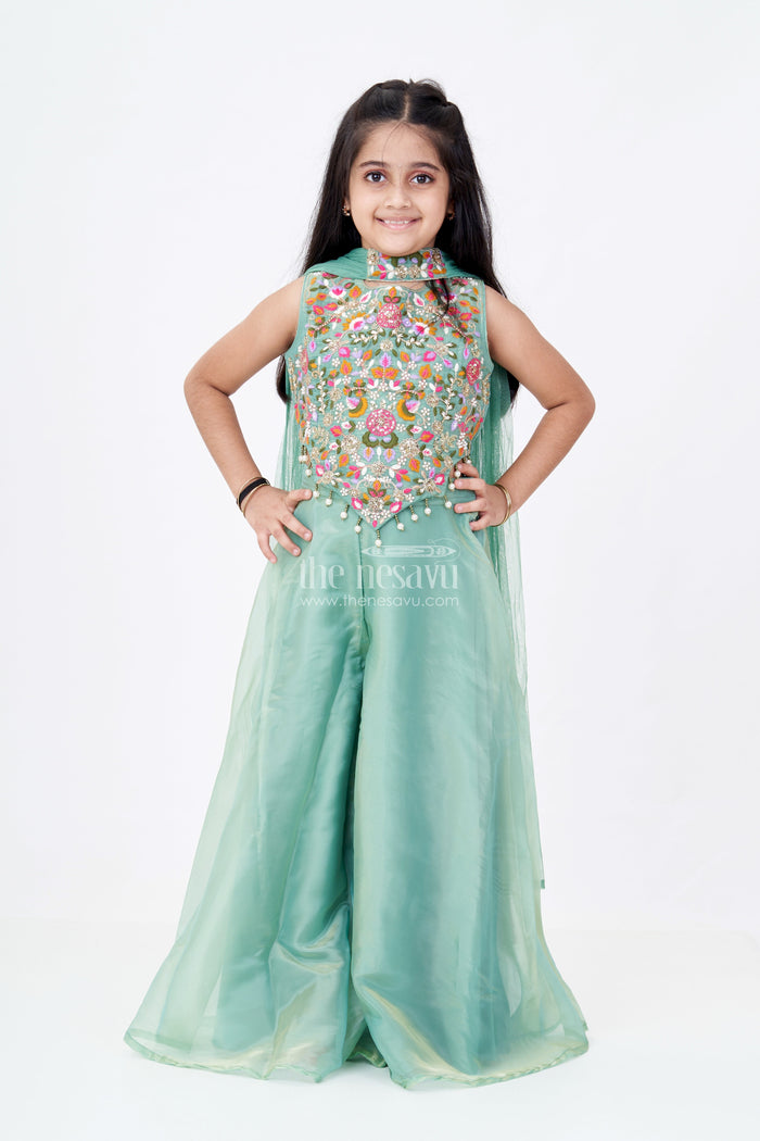 The Nesavu Girls Sharara / Plazo Set Girls Pastel Green Dress in Glazed Organza with Designer Embroidery and Sharara Pant Set Nesavu 24 (5Y) / Green GPS419B-24 Nesavu Girls Pastel Green Embroidered Dress Set Glazed Organza Sharara Dupatta