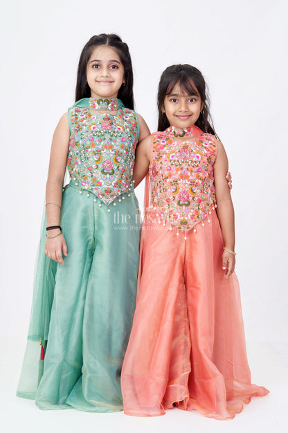 The Nesavu Girls Sharara / Plazo Set Girls Pastel Green Dress in Glazed Organza with Designer Embroidery and Sharara Pant Set Nesavu Nesavu Girls Pastel Green Embroidered Dress Set Glazed Organza Sharara Dupatta