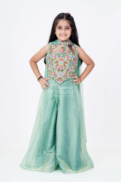 The Nesavu Girls Sharara / Plazo Set Girls Pastel Green Dress in Glazed Organza with Designer Embroidery and Sharara Pant Set Nesavu 16 (1Y) / Green GPS419B-16 Girls Pastel Green Embroidered Dress Set Glazed Organza Sharara Dupatta | The Nesavu