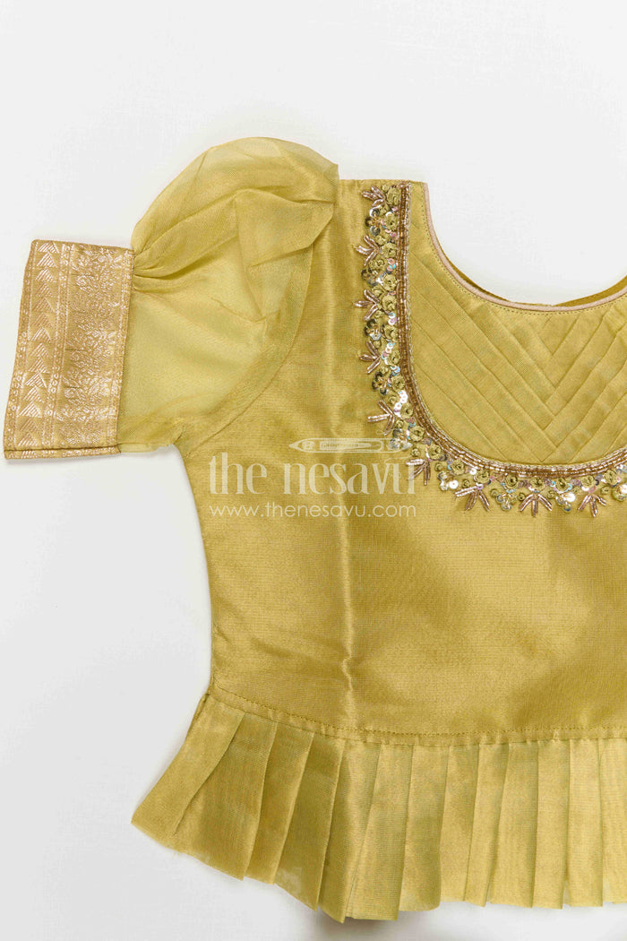 The Nesavu Pattu Pavadai Girls Pattu Pavadai for Festive Occasions and Traditional Functions Nesavu Nesavu Girls Pattu Pavadai Set In Blend Silk With Tissue Skirt For Festive Occasions And Traditional Functions