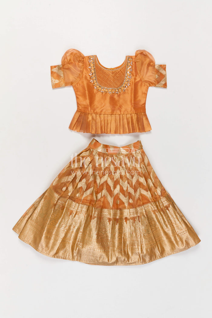 The Nesavu Pattu Pavadai Girls Pattu Pavadai for Festive Occasions and Traditional Celebrations Nesavu Nesavu Girls Pattu Pavadai In Peach Silk Blend With Tissue Skirt For Festive Occasions And Weddings