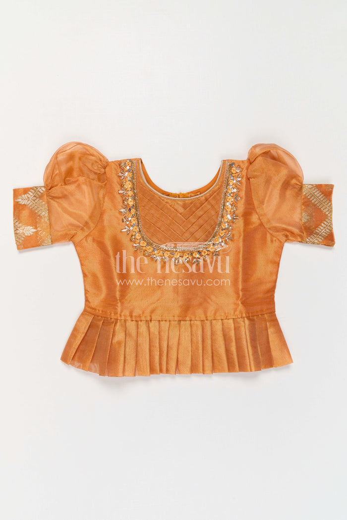 The Nesavu Pattu Pavadai Girls Pattu Pavadai for Festive Occasions and Traditional Celebrations Nesavu Nesavu Girls Pattu Pavadai In Peach Silk Blend With Tissue Skirt For Festive Occasions And Weddings