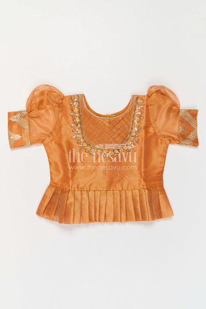 The Nesavu Pattu Pavadai Girls Pattu Pavadai for Festive Occasions and Traditional Celebrations Nesavu Nesavu Girls Pattu Pavadai In Peach Silk Blend With Tissue Skirt For Festive Occasions And Weddings