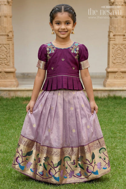 The Nesavu Pattu Pavadai Girls Pattu Pavadai for Weddings and Traditional Celebrations Nesavu 16 (1Y) / Purple / Silk GPP367CB-16 Nesavu Girls Pattu Pavadai For Weddings With Blend Silk And Tissue Bottom Festive Traditional Design