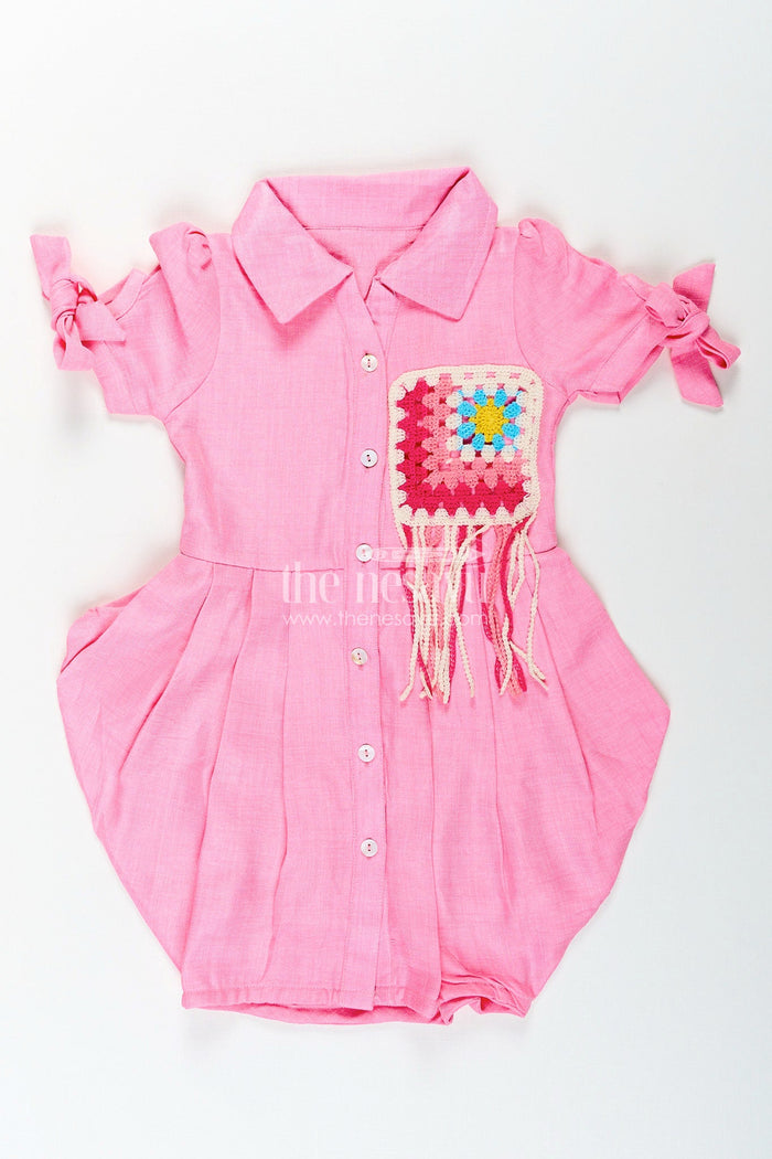 The Nesavu Girls Cotton Frock Girls pink cotton frock with crochet patch and shirt collar Nesavu Nesavu pink girls cotton frock with crochet patch and short tie sleeves for casual wear