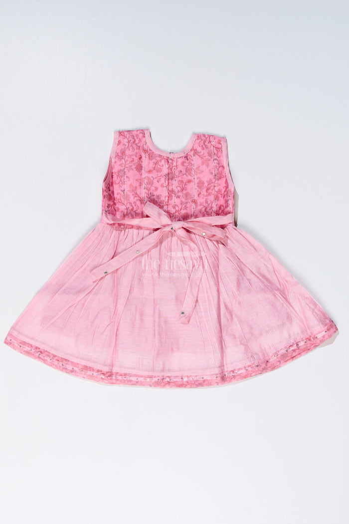 The Nesavu Girls Chanderi Frock Girls Pink Cotton Frock with Embroidery and Chanderi Fabric for Elegant Festive Wear Nesavu Nesavu Girls Pink Cotton Frock Chanderi Fabric Embroidery Print Festive Wear