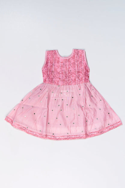 The Nesavu Girls Chanderi Frock Girls Pink Cotton Frock with Embroidery and Chanderi Fabric for Elegant Festive Wear Nesavu 16 (1Y) / Pink GFC995B-16 Girls Pink Cotton Frock Chanderi Fabric Embroidery Print Festive Wear | The Nesavu