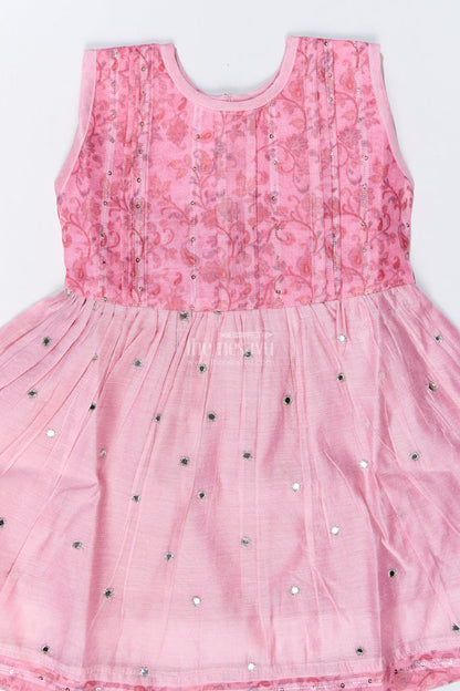 The Nesavu Girls Chanderi Frock Girls Pink Cotton Frock with Embroidery and Chanderi Fabric for Elegant Festive Wear Nesavu Girls Pink Cotton Frock Chanderi Fabric Embroidery Print Festive Wear | The Nesavu