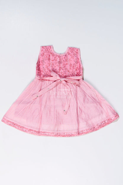The Nesavu Girls Chanderi Frock Girls Pink Cotton Frock with Embroidery and Chanderi Fabric for Elegant Festive Wear Nesavu Girls Pink Cotton Frock Chanderi Fabric Embroidery Print Festive Wear | The Nesavu