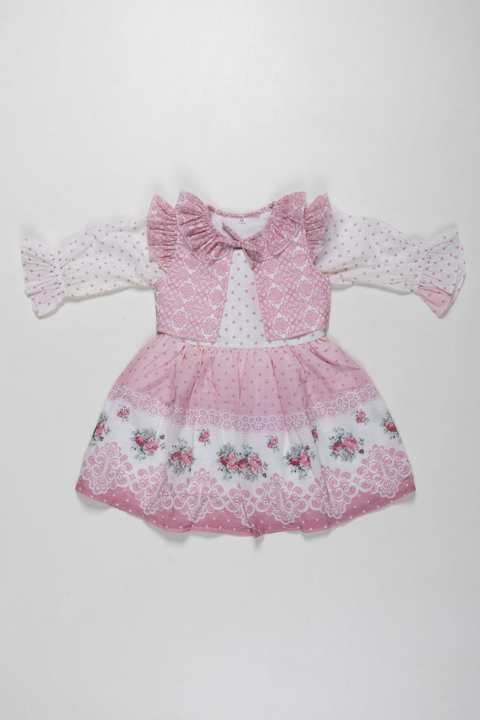 The Nesavu Girls Fancy Frock Girls Pink Fancy Frock with Lace Detailing and Matching Sheer Jacket Nesavu 20 (3Y) / Pink / Georgette GFC1289B-20 Buy Girls Pink Lace Fancy Frock with Sheer Jacket | Perfect Party Dress | The Nesavu