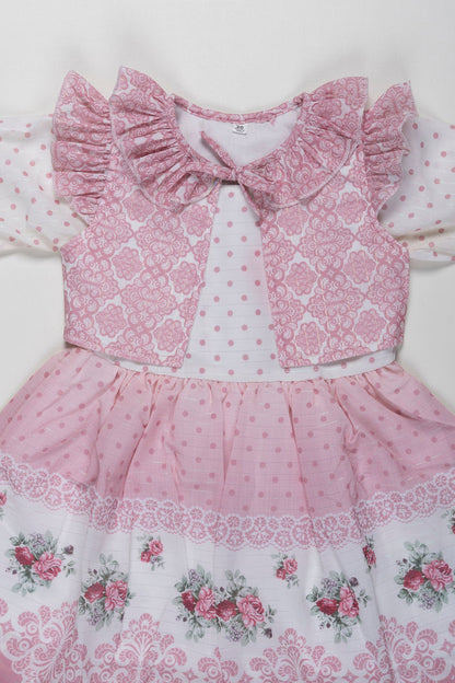 The Nesavu Girls Fancy Frock Girls Pink Fancy Frock with Lace Detailing and Matching Sheer Jacket Nesavu Buy Girls Pink Lace Fancy Frock with Sheer Jacket | Perfect Party Dress | The Nesavu