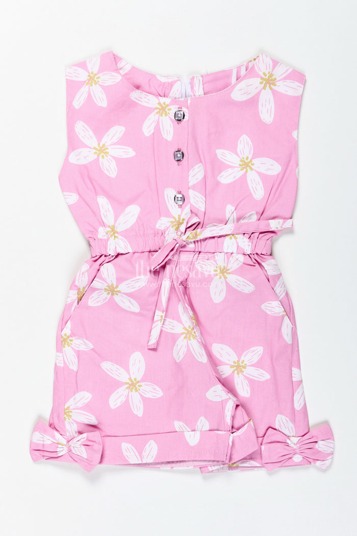 The Nesavu Girls Jumpsuit Girls Pink Floral Cotton Jumpsuit with Bow Headband for Playdates and Parties Nesavu 20 (3Y) / pink BFJ839A-20 Nesavu Pink Floral Cotton Jumpsuit Matching Headband Comfy Outfit Toddler Girls