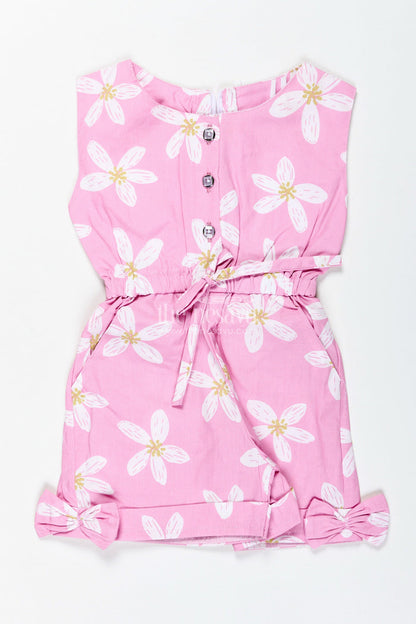 The Nesavu Girls Jumpsuit Girls Pink Floral Cotton Jumpsuit with Bow Headband for Playdates and Parties Nesavu 20 (3Y) / pink BFJ839A-20 Nesavu Pink Floral Cotton Jumpsuit Matching Headband Comfy Outfit Toddler Girls