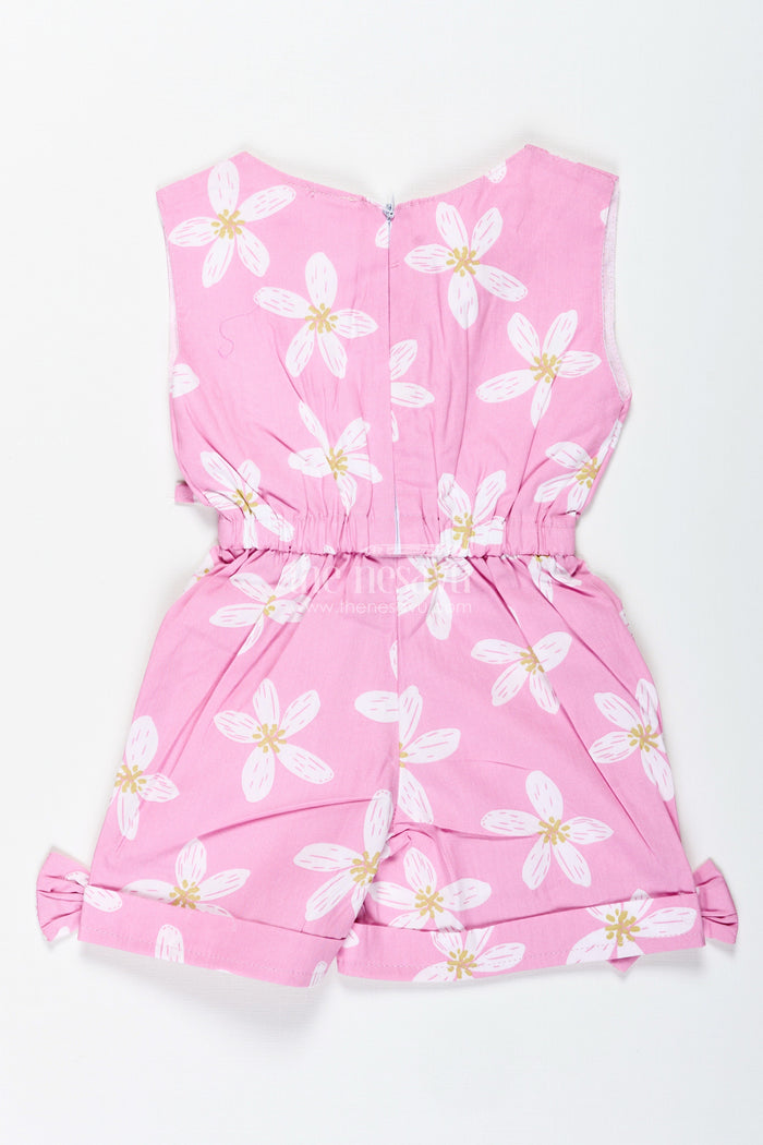 The Nesavu Girls Jumpsuit Girls Pink Floral Cotton Jumpsuit with Bow Headband for Playdates and Parties Nesavu Nesavu Pink Floral Cotton Jumpsuit Matching Headband Comfy Outfit Toddler Girls