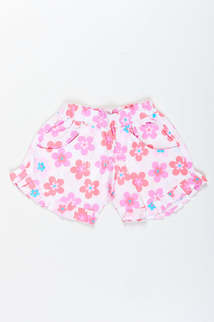 The Nesavu Girls Shorts Girls Pink Floral Cotton Shorts with Pleated Hem for Playful Summer Wear Nesavu 22 (4Y) / Pink LBW053A-22 Nesavu Girls Floral Cotton Shorts Pink Lightweight Summer Shorts Pleated Trim