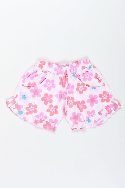 The Nesavu Girls Shorts Girls Pink Floral Cotton Shorts with Pleated Hem for Playful Summer Wear Nesavu 22 (4Y) / Pink LBW053A-22 Nesavu Girls Floral Cotton Shorts Pink Lightweight Summer Shorts Pleated Trim