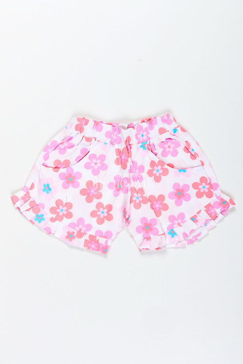 The Nesavu Girls Shorts Girls Pink Floral Cotton Shorts with Pleated Hem for Playful Summer Wear Nesavu 22 (4Y) / Pink LBW053A-22 Nesavu Girls Floral Cotton Shorts Pink Lightweight Summer Shorts Pleated Trim