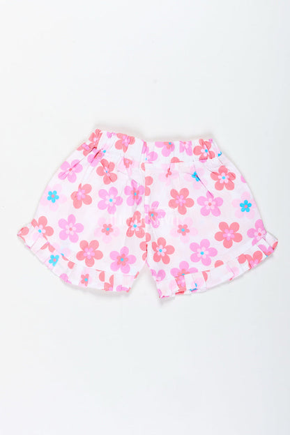 The Nesavu Girls Shorts Girls Pink Floral Cotton Shorts with Pleated Hem for Playful Summer Wear Nesavu Nesavu Girls Floral Cotton Shorts Pink Lightweight Summer Shorts Pleated Trim