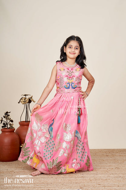 The Nesavu Girls Lehenga Choli Girls Pink Lehenga in Kora Silk Cotton with Peacock Thread Embroidery and Sleeveless Choli Design Nesavu Nesavu Girls Pink Lehenga Kora Silk Cotton Peacock Embroidery Sleeveless Choli Dupatta