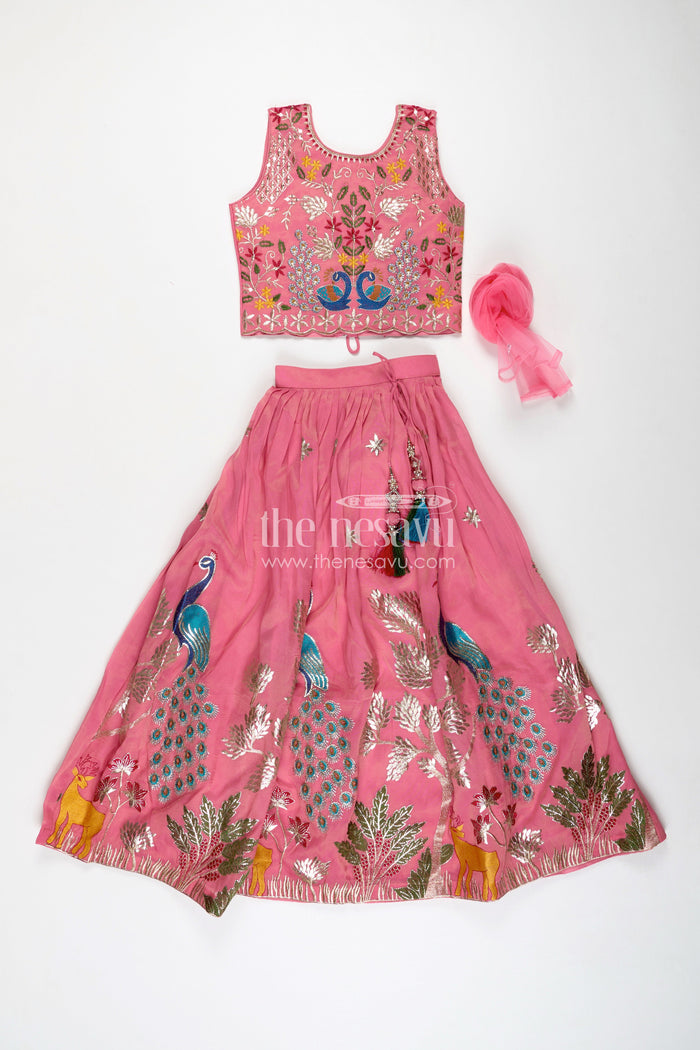 The Nesavu Girls Lehenga Choli Girls Pink Lehenga in Kora Silk Cotton with Peacock Thread Embroidery and Sleeveless Choli Design Nesavu Nesavu Girls Pink Lehenga Kora Silk Cotton Peacock Embroidery Sleeveless Choli Dupatta