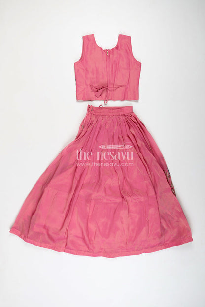 The Nesavu Girls Lehenga Choli Girls Pink Lehenga in Kora Silk Cotton with Peacock Thread Embroidery and Sleeveless Choli Design Nesavu Nesavu Girls Pink Lehenga Kora Silk Cotton Peacock Embroidery Sleeveless Choli Dupatta