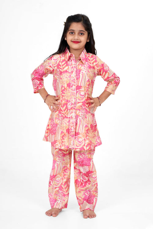 The Nesavu Girls Sharara / Plazo Set Girls Pink Palazzo Pants and Chanderi Printed Shirt Set Elegant Outfit for Special Occasions Nesavu 24 (5Y) / Pink GPS484A-24 Nesavu Girls Pink Palazzo Pants Chanderi Printed Shirt Set Stylish Elegant Event Wear