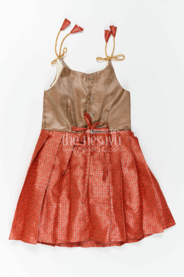 The Nesavu Tie-up Frock Girls Pink Tie up Frock for Weddings and Festive Occasions Nesavu Nesavu Girls Pink Semi Banaras Tie Up Frock With Tissue Silk Yoke For Festive Events