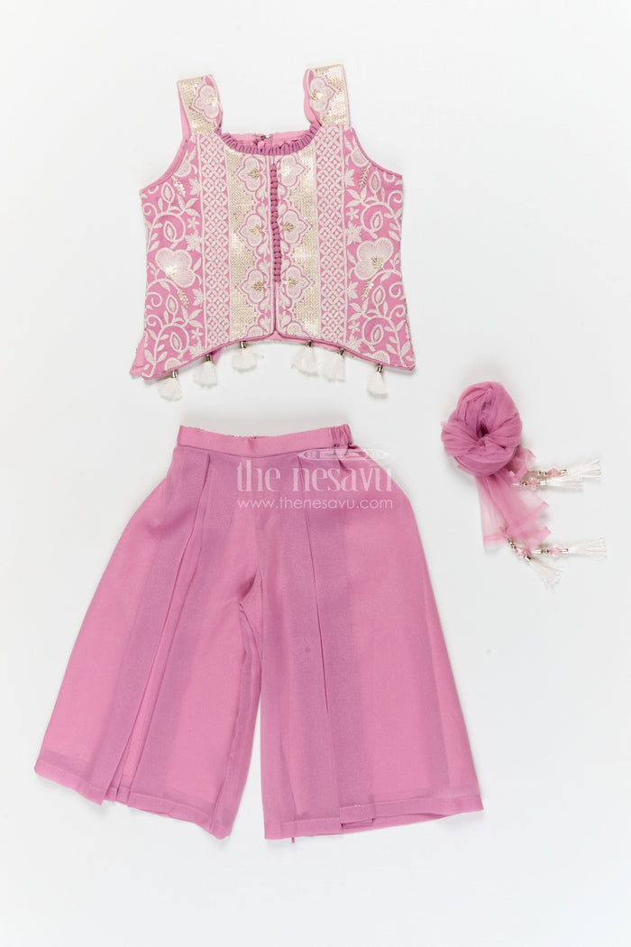 The Nesavu Girls Sharara / Plazo Set Girls Plazo Set with Embroidered Blouse and Tassel Dupatta for Wedding Celebrations Nesavu Nesavu girls plazo set with thread embroidered blouse and tassel dupatta for weddings and festive occasions
