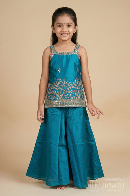 The Nesavu Girls Sharara / Plazo Set Girls Plazo Set with Mirror Embroidery for Weddings and Cultural Functions Nesavu 18 (2Y) / Blue / Georgette GPS959A-18 Nesavu girls plazo set with mirror embroidery and dupatta – ideal for weddings, cultural events, and festive celebrations