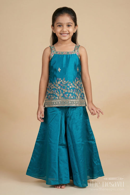 The Nesavu Girls Sharara / Plazo Set Girls Plazo Set with Mirror Embroidery for Weddings and Cultural Functions Nesavu 18 (2Y) / Blue / Georgette GPS959A-18 Nesavu girls plazo set with mirror embroidery and dupatta – ideal for weddings, cultural events, and festive celebrations