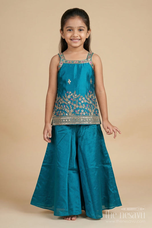 The Nesavu Girls Sharara / Plazo Set Girls Plazo Set with Mirror Embroidery for Weddings and Cultural Functions Nesavu 18 (2Y) / Blue / Georgette GPS959A-18 Nesavu girls plazo set with mirror embroidery and dupatta – ideal for weddings, cultural events, and festive celebrations