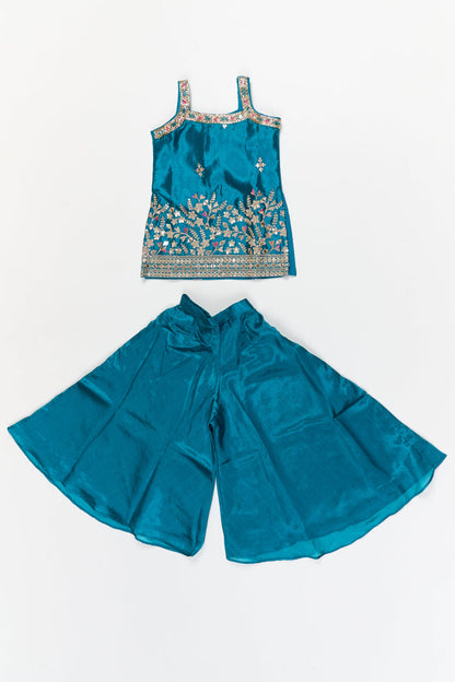 The Nesavu Girls Sharara / Plazo Set Girls Plazo Set with Mirror Embroidery for Weddings and Cultural Functions Nesavu 18 (2Y) / Blue / Georgette GPS959A-18 Nesavu girls plazo set with mirror embroidery and dupatta – ideal for weddings, cultural events, and festive celebrations