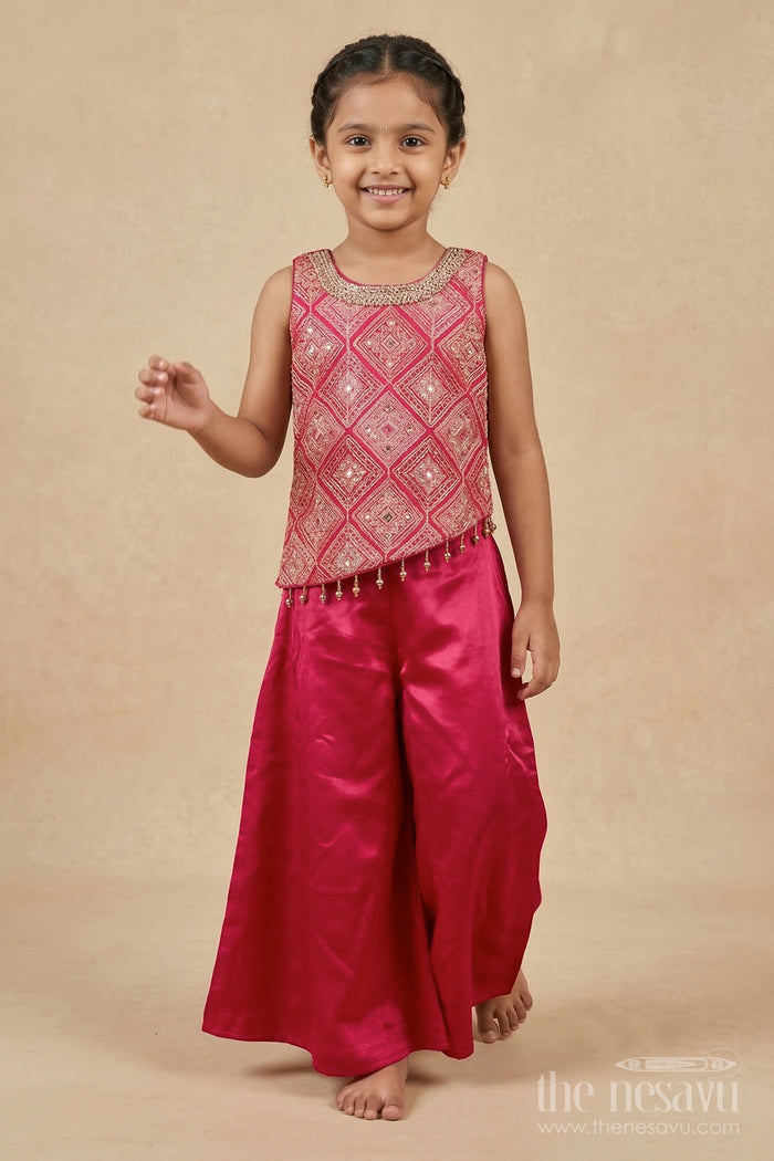 The Nesavu Girls Sharara / Plazo Set Girls Plazo Set with Sequin Embroidery for Festive Gatherings Nesavu 18 (2Y) / Pink / Georgette GPS954A-18 Nesavu girls plazo set with sequin embroidered yoke and tassels – perfect for festive events and family gatherings