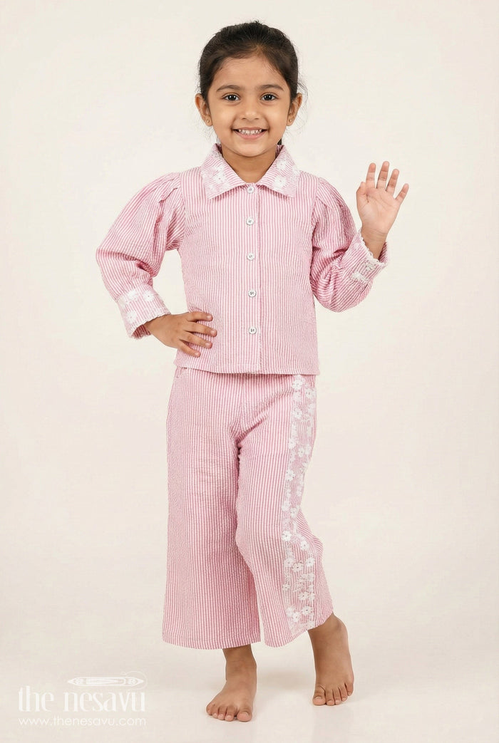 The Nesavu Girls Co-Ord Sets Girls Plazo Set with Striped Design and Puff Sleeve Top Nesavu 22 (4Y) / Peach GPS811A-22 Nesavu girls striped plazo set embroidered collar puff sleeves