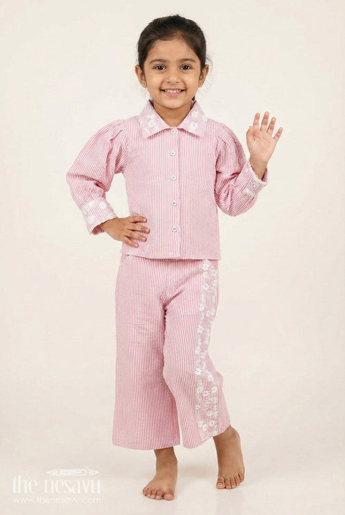 The Nesavu Girls Co-Ord Sets Girls Plazo Set with Striped Design and Puff Sleeve Top Nesavu 22 (4Y) / Peach GPS811A-22 Nesavu girls striped plazo set embroidered collar puff sleeves