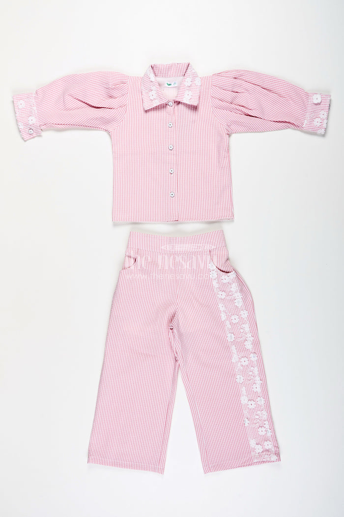 The Nesavu Girls Co-Ord Sets Girls Plazo Set with Striped Design and Puff Sleeve Top Nesavu 22 (4Y) / Peach GPS811A-22 Nesavu girls striped plazo set embroidered collar puff sleeves