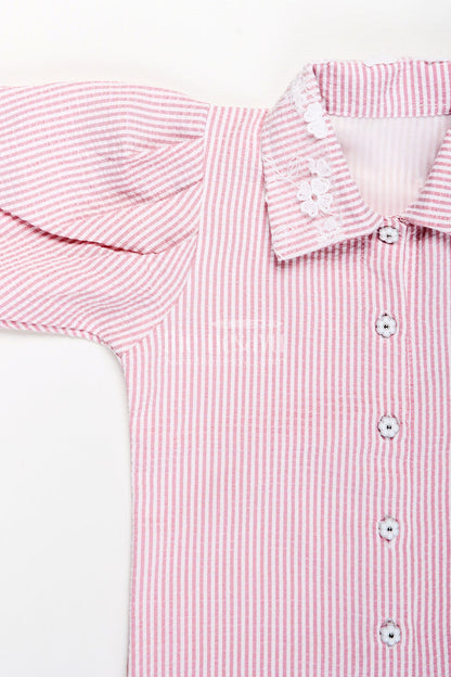The Nesavu Girls Co-Ord Sets Girls Plazo Set with Striped Design and Puff Sleeve Top Nesavu Nesavu girls striped plazo set embroidered collar puff sleeves