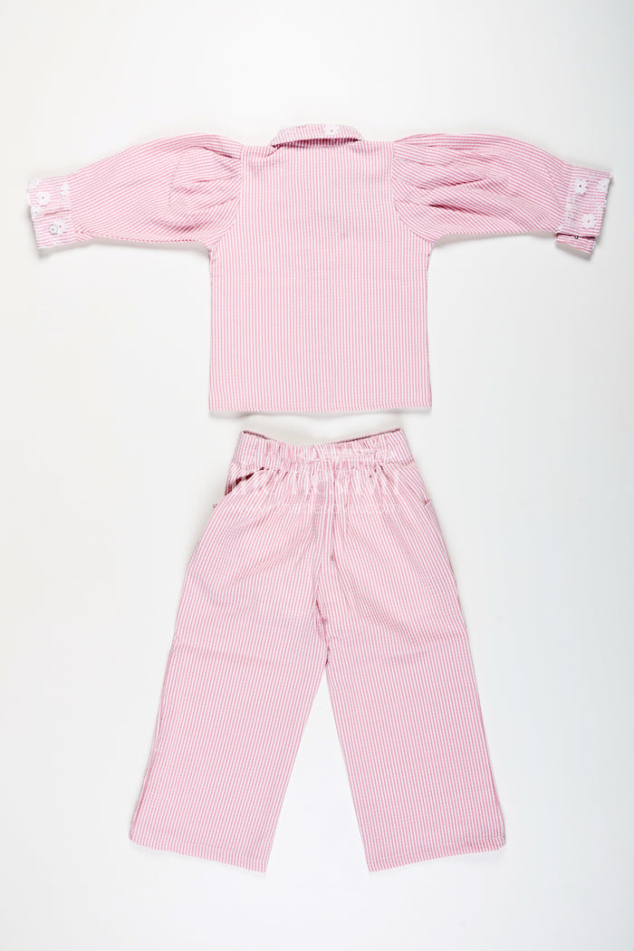 The Nesavu Girls Co-Ord Sets Girls Plazo Set with Striped Design and Puff Sleeve Top Nesavu Nesavu girls striped plazo set embroidered collar puff sleeves