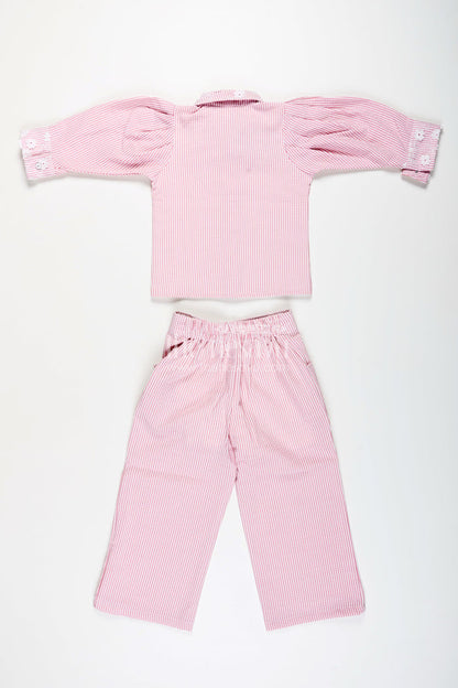 The Nesavu Girls Co-Ord Sets Girls Plazo Set with Striped Design and Puff Sleeve Top Nesavu Nesavu girls striped plazo set embroidered collar puff sleeves