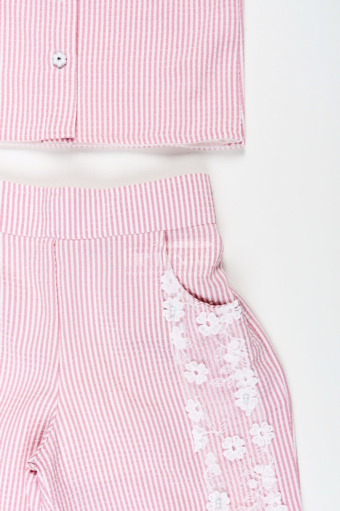 The Nesavu Girls Co-Ord Sets Girls Plazo Set with Striped Design and Puff Sleeve Top Nesavu Nesavu girls striped plazo set embroidered collar puff sleeves