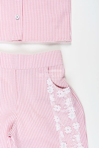 The Nesavu Girls Co-Ord Sets Girls Plazo Set with Striped Design and Puff Sleeve Top Nesavu Nesavu girls striped plazo set embroidered collar puff sleeves