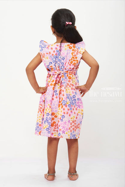 The Nesavu Girls Cotton Frock Girls' Pleated Pastel Cotton Frock with Frilled Yoke - Playful Summer Dress Nesavu Pastel Floral Frill Yoke Dress | Girls Cotton Pleated Summer Frock | The Nesavu