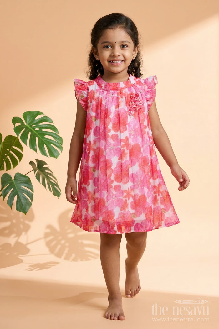 The Nesavu Girls Fancy Frock Girls Printed Frock for Twirling and Festive Photoshoots Nesavu 20 (3Y) / Pink / Georgette GFC2103B-20 Nesavu girls digital floral georgette frock for twirling, birthdays, and festive outings