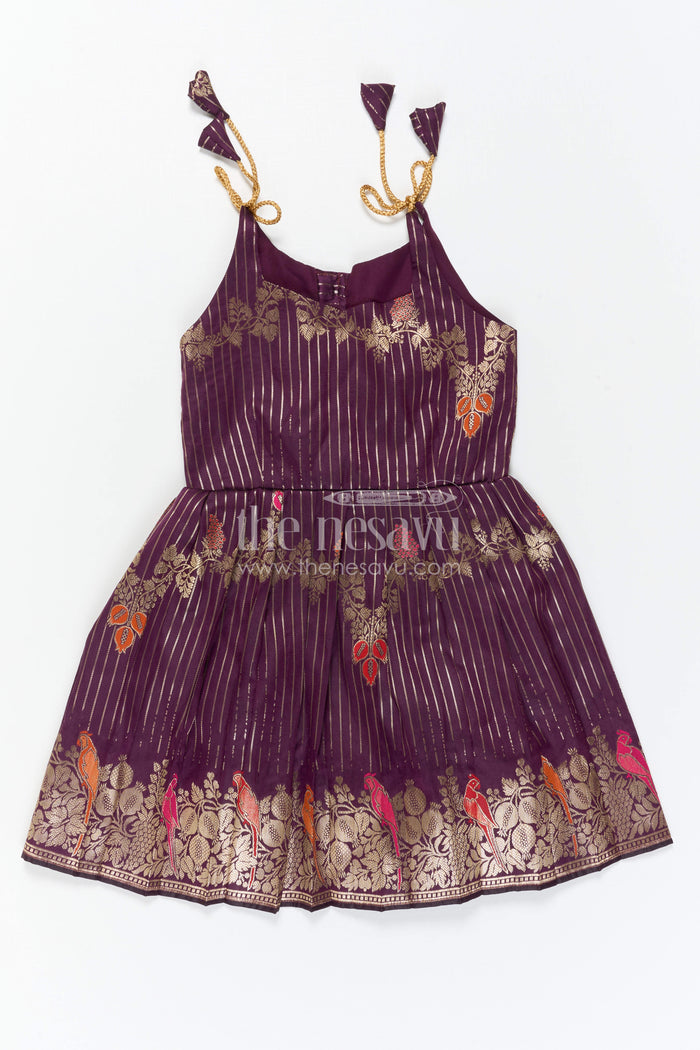 The Nesavu Tie-up Frock Girls Purple Tie up Frock for Weddings and Festive Events Nesavu Nesavu Girls Purple Semi Banaras Tie Up Frock For Weddings And Festive Occasions
