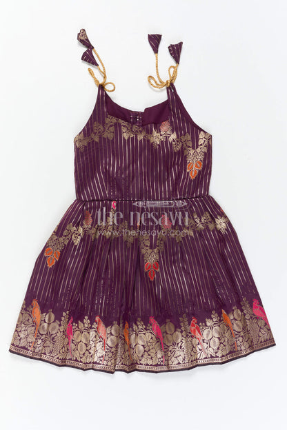 The Nesavu Tie-up Frock Girls Purple Tie up Frock for Weddings and Festive Events Nesavu Nesavu Girls Purple Semi Banaras Tie Up Frock For Weddings And Festive Occasions